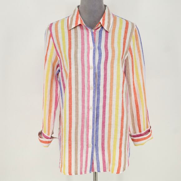 Talbots Top Petites MP PM Linen Blouse Blue Pink Yellow Stripe Beach Resort - Picture 14 of 14